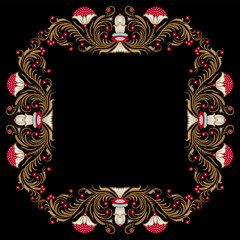 Square floral frame with blooming branches. Folk Russian medieval motif. Ornate botanical border. On black background.