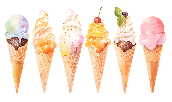 collection of ice cream cone, soft watercolor painting style,Generative AI