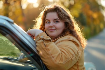 happy beautiful plus size woman driver wearing casual clothes 