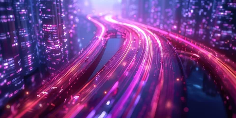Foto op Plexiglas Vibrant neon lights illuminating a wet highway in a futuristic cityscape at night. © Thares2020