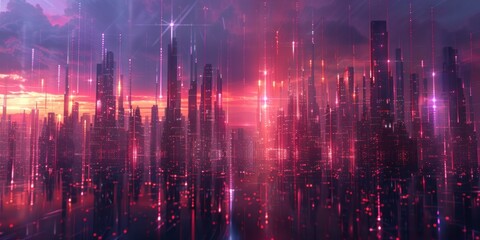 Vibrant neon lights illuminating a wet highway in a futuristic cityscape at night.