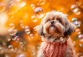 Adorable In the style of a cute Shih Tzu with blowing bubble in flower garden