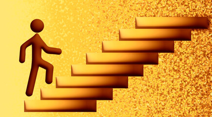 Three-dimensional illustration in golden tones. Cartoon character walking up the stairs.