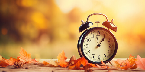 Naklejka na ściany i meble Alarm clock rests on autumn leaves against a backdrop of natural scenery 