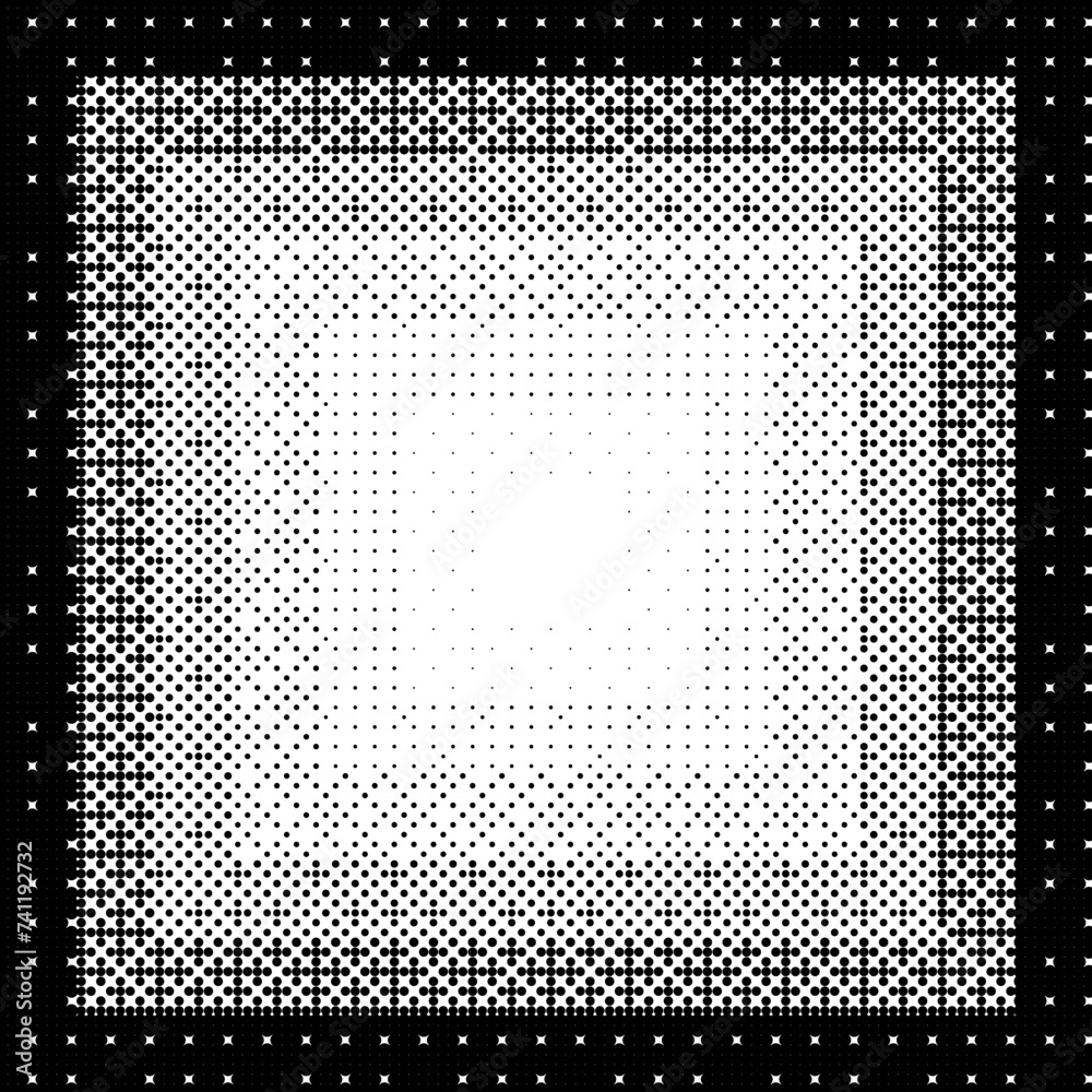 Poster Pixelated gradient square frame. Black dithered radial gradation texture. Retro bitmap game background. Halftone 8 bit wallpaper. Vintage rectangle pixel art border. Vector backdrop