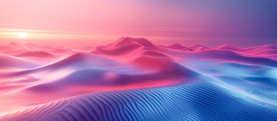 Wavy desert dune with ripple marks and sand breeze during sunset twilight hours - Temperature drop illustrated by mixture of cold and warm hues - obrazy, fototapety, plakaty