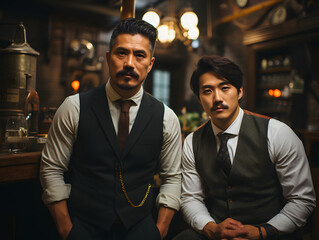 Portrait of Two Masculine and Muscular Asian Men in Vintage Clothing Style