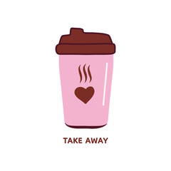 Vector illustration of hot take away coffee.  Hand drawn. Beverage element.  drinks. Isolated on white background.