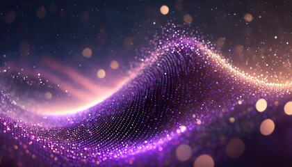 digital purple particles form a dynamic wave with luminous dots, creating an abstract backdrop