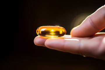 Hand Holding a Single Omega-3 Fish Oil Capsule, Health Supplement Concept