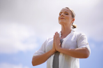 Happy woman, yoga and meditation in spiritual wellness or faith with cloudy sky background. Female...