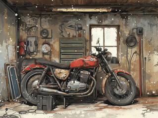 Flat 2d illustration of a retro motorcycle stored in a garage.