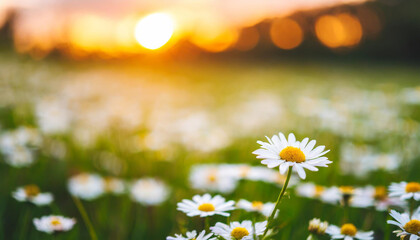 Sunset over daisy field. Serene landscape with white blooms under setting sun, symbolizing tranquility and natural beauty