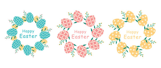 Set of Easter wreaths, Easter eggs with ornaments arranged in a circle. Vector illustration of elements for Happy Easter.