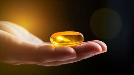 Hand Holding a Single Omega-3 Fish Oil Capsule, Health Supplement Concept