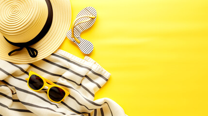 Beach accessories - sunglasses, flip flops, towel, hat - yellow background.
