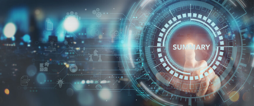 Summary concept. Summarize data, information, past performance analysis for development, improvement. The business  presentation of meeting, working, project summary for planning and making decision.
