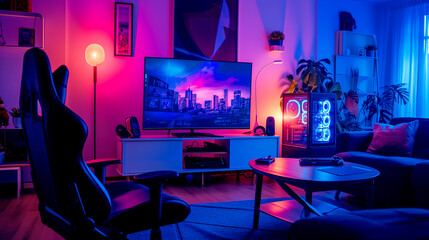 Desk with monitor - Neon lighting - Computer aesthetics.