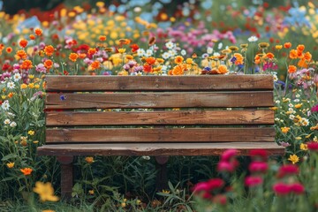 n empty wooden bench set against a backdrop of vibrant flower fields