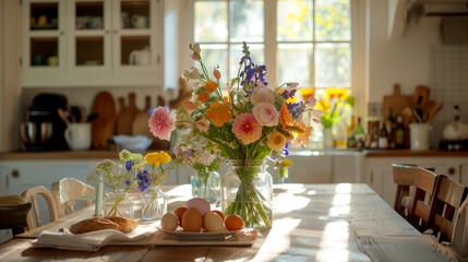 table with easter food - shining morning light and flowers