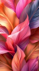 Radiant Harmony: Blended colors creating a radiant harmony within palm leaf waves, extreme macro.