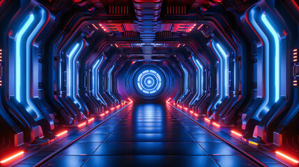 Futuristic corridor, a journey through modern design, illuminated by the glow of neon science - obrazy, fototapety, plakaty