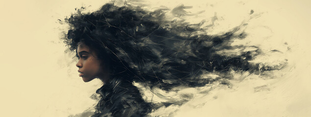 Fototapeta premium Whispers of the Wind: Ethereal Afro Silhouette in Brushstroke Dreamscape