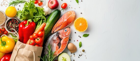 Healthy food in paper bag copy space white background