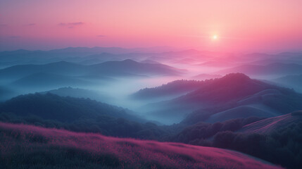夕日に照らされたピンク色の山々