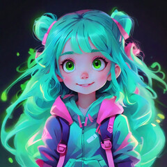 illustration of a girl with glowing neon green hair wearing a t-shirt
