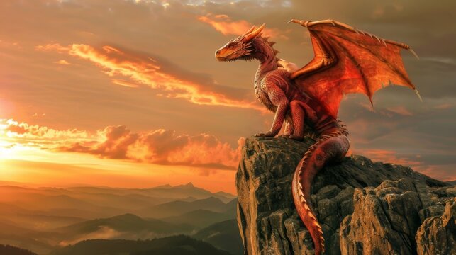 Dragon perched atop a mountain fiery sunset background fantasy realm
