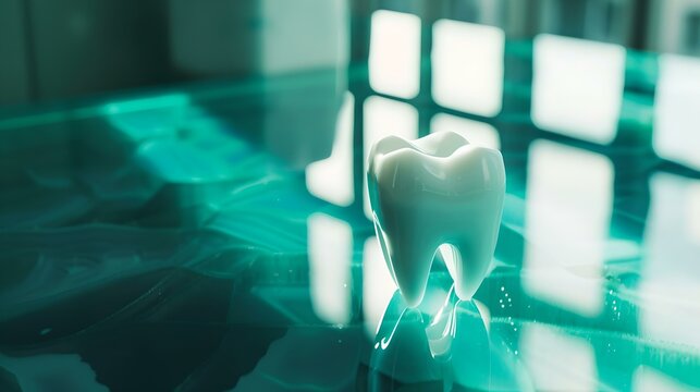 Glowing 3D molar tooth on reflective surface, digital dentistry concept art illustration in turquoise hues. AI