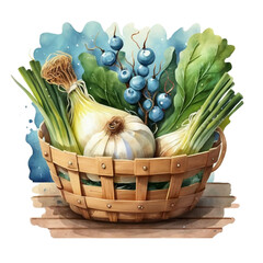 Watercolor painting of A basket of Spring vegetables with onions, tomatoes and garlic