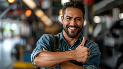 Obraz premium Car mechanic giving thumbs up to car changing tire in auto repair shop
