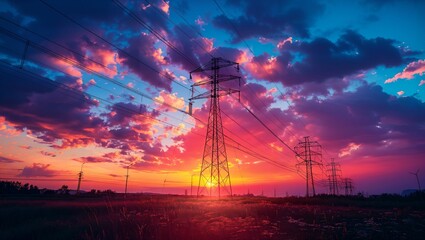 Silhouette of high-voltage electric poles at sunset - Powered by Adobe
