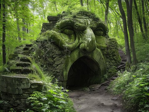 A mischievous troll hidden under an ancient stone bridge in a lush mystical forest