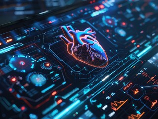 Futuristic heart monitor with advanced technology interface showcasing medical innovation