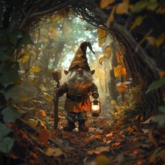 Naklejka premium Gnome adventurer trekking through a mystical forest lantern in hand exploring the unknown