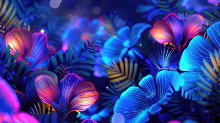 Neon jungle with glowing flora and fauna an abstract representation of life in a digital universe - obrazy, fototapety, plakaty