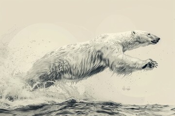 Fototapeta premium A polar bear jumping out of water. A majestic polar bear emerges from the icy depths, its powerful leap captured in a stunning sketch that embodies the untamed spirit of the arctic