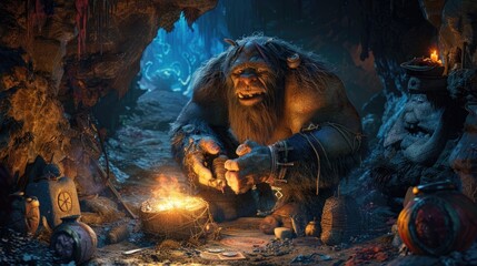 Troll forging magical artifacts in a hidden cave illuminated by firelight surrounded by ancient runes
