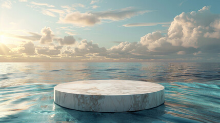 A minimalist marble platform floats on calm ocean waters under a picturesque sky at sunrise, evoking a sense of peace and solitude. - obrazy, fototapety, plakaty