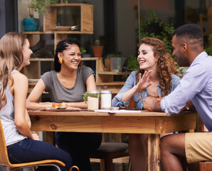 Friends, relax with people at cafe and conversation for bonding, diversity and trust outdoor in San Francisco. Support, loyalty and friendship date in coffee shop for social gathering or reunion
