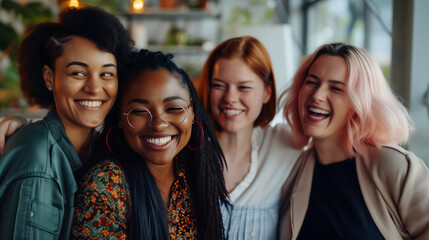 Fototapeta premium Women empower and support each other in the workplace. Diversity of nationality, white and black women. Four businesswomen are smiling and standing beside each other on a blurred workplace background.