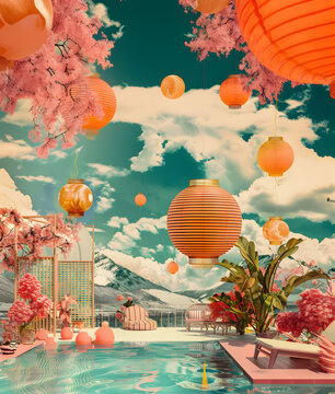  a swimming pool overlooking a pool with pink, in the style of imaginative fantasy landscapes, vintage atmosphere, glamorous kitsch, monochromatic scheme, chinese themes, retro, dreamy surrealist comp