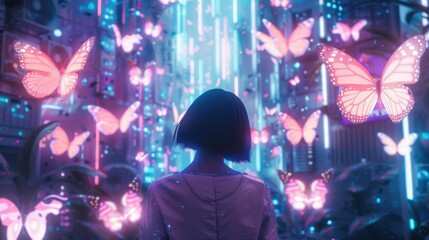 Cyberpunk world with lo fi soundscape led by neon butterflies