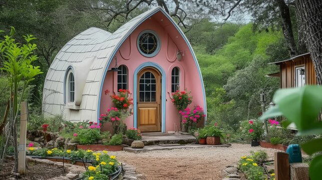 A small wooden pink tiny house in the middle of a beautiful garden with flowers