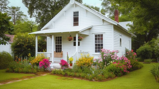 White house in the garden with flower bed and flower pot on nature background