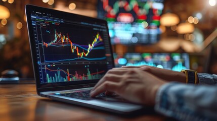 Stacks of Bitcoin and cryptocurrencies with digital chart in the background in laptop computer. close up hand typing, economics profit and loss risky investment trading in financial stock market
