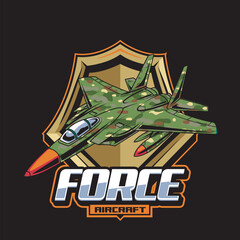 Vector Illustration Air Jet Army from side view with FORCE AIRCRAFT text Esport Logo